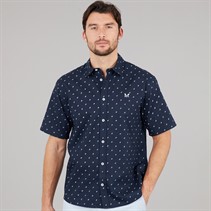 Crew Clothing Mens Short Sleeve Geo Print Linen Shirt Dark Navy