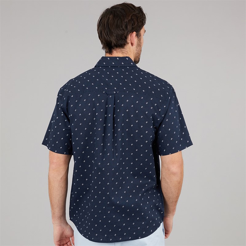 Crew Clothing Mens Short Sleeve Geo Print Linen Shirt Dark Navy