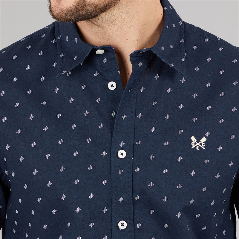 Crew Clothing Mens Short Sleeve Geo Print Linen Shirt Dark Navy