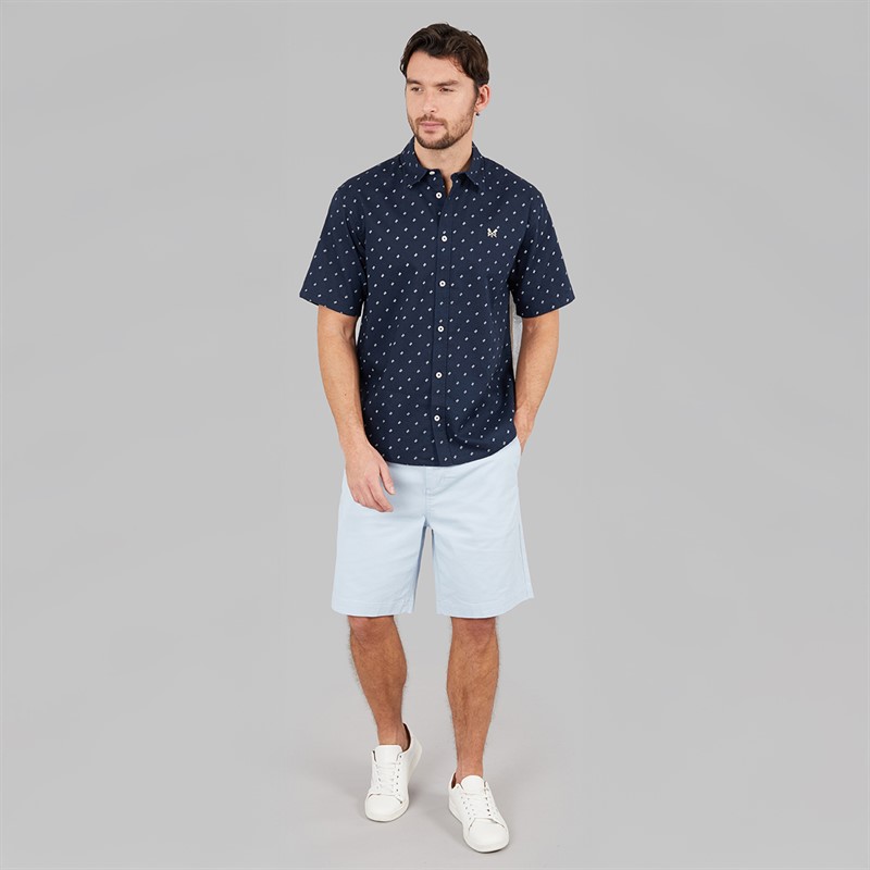 Crew Clothing Mens Short Sleeve Geo Print Linen Shirt Dark Navy