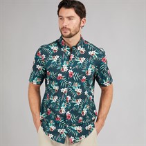 Crew Clothing Mens Short Sleeve Tropical Poplin Shirt Tropical Print Blue Base