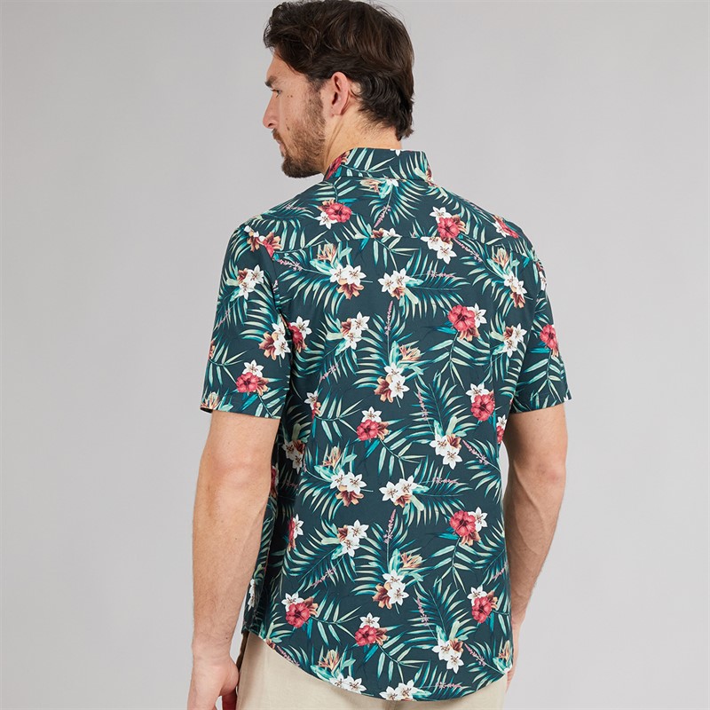 Crew Clothing Mens Short Sleeve Tropical Poplin Shirt Tropical Print Blue Base