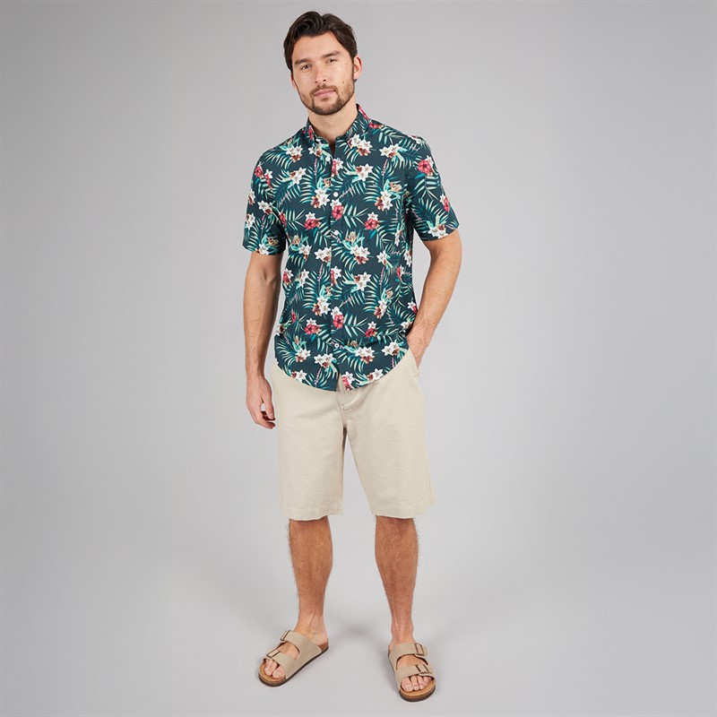 Crew Clothing Mens Short Sleeve Tropical Poplin Shirt Tropical Print Blue Base