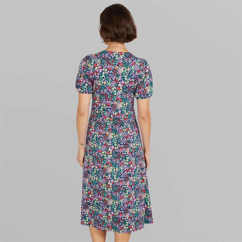 Crew Clothing Womens Kelly Short Sleeve Button Through Dress Cutwork Floral Print Navy