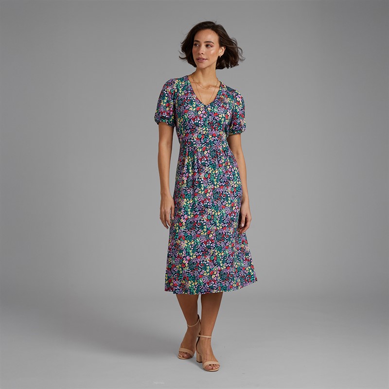 Crew Clothing Womens Kelly Short Sleeve Button Through Dress Cutwork Floral Print Navy