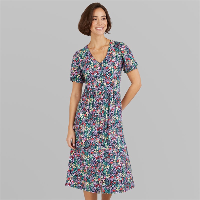 Crew Clothing Womens Kelly Short Sleeve Button Through Dress Cutwork Floral Print Navy