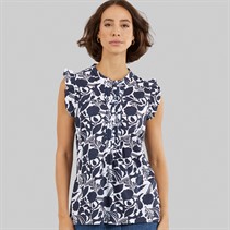 Crew Clothing Womens Sleeveless Frill Print Top Abstract Floral Navy/White