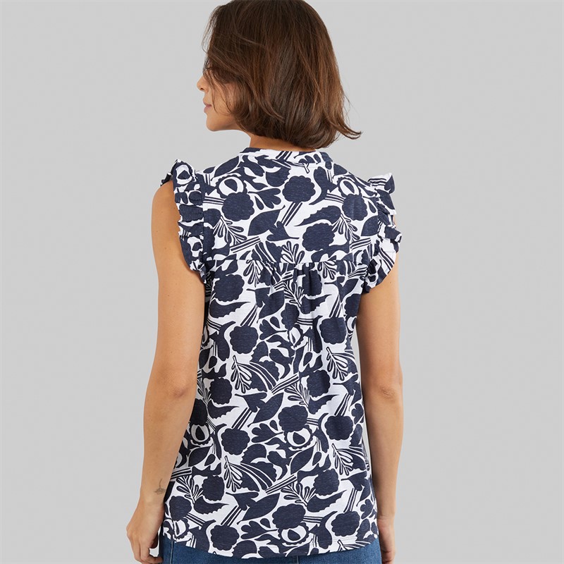 Crew Clothing Womens Sleeveless Frill Print Top Abstract Floral Navy/White