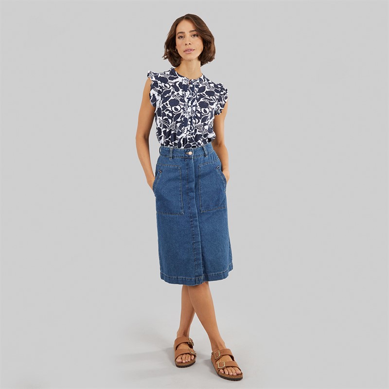 Crew Clothing Womens Sleeveless Frill Print Top Abstract Floral Navy/White