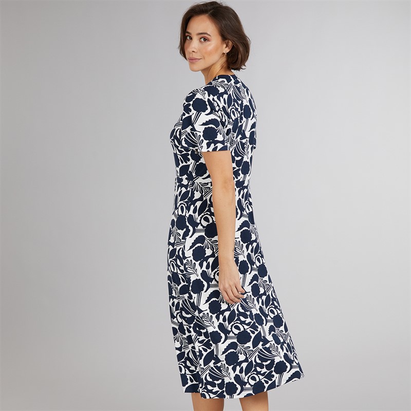 Crew Clothing Womens Emily Flutter Sleeve Jersey Dress Abstract Floral Navy/White
