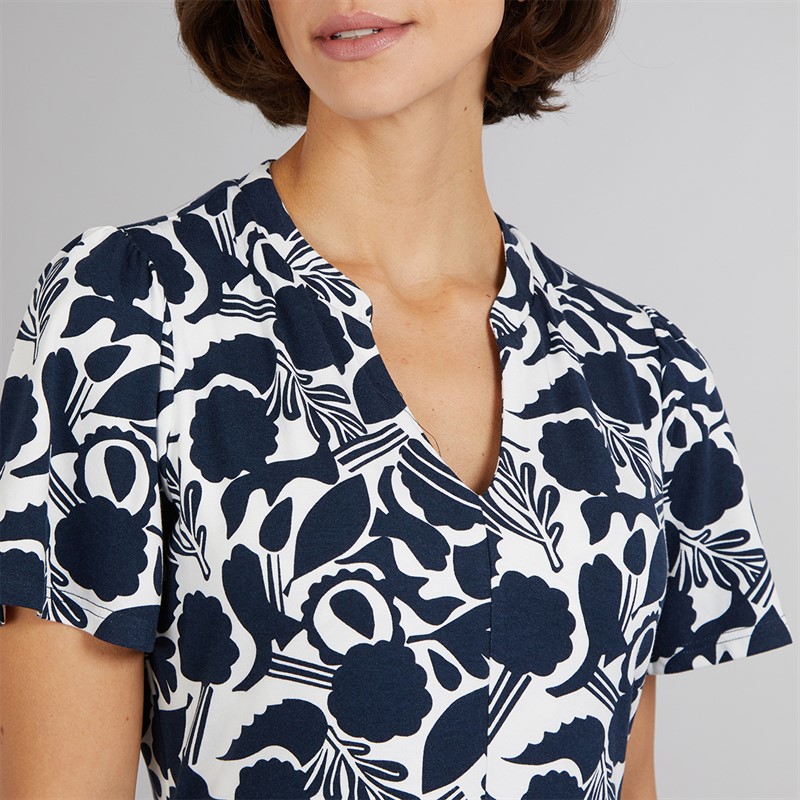 Crew Clothing Womens Emily Flutter Sleeve Jersey Dress Abstract Floral Navy/White