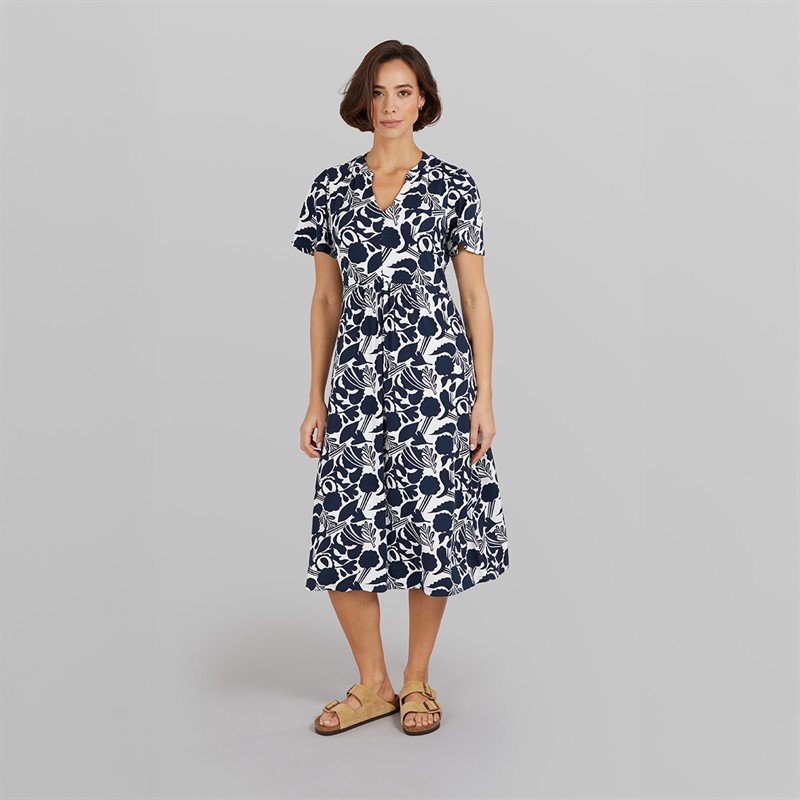 Crew Clothing Womens Emily Flutter Sleeve Jersey Dress Abstract Floral Navy/White