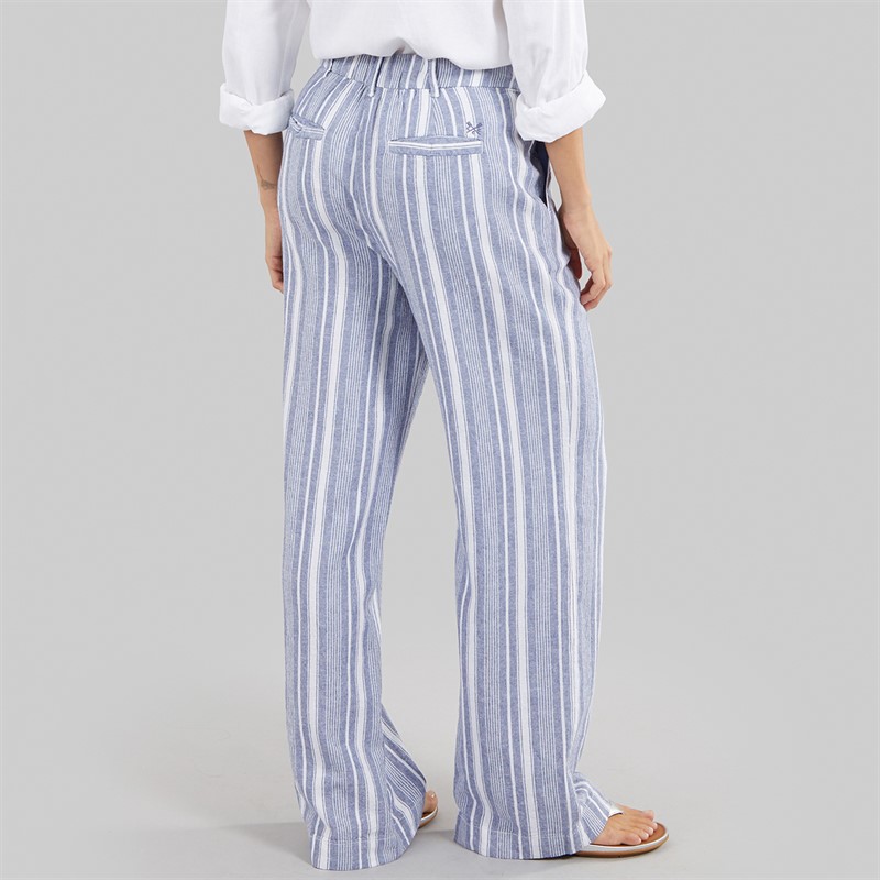 Crew Clothing Womens Wide Leg Linen Trousers Blue Indigo Stripe