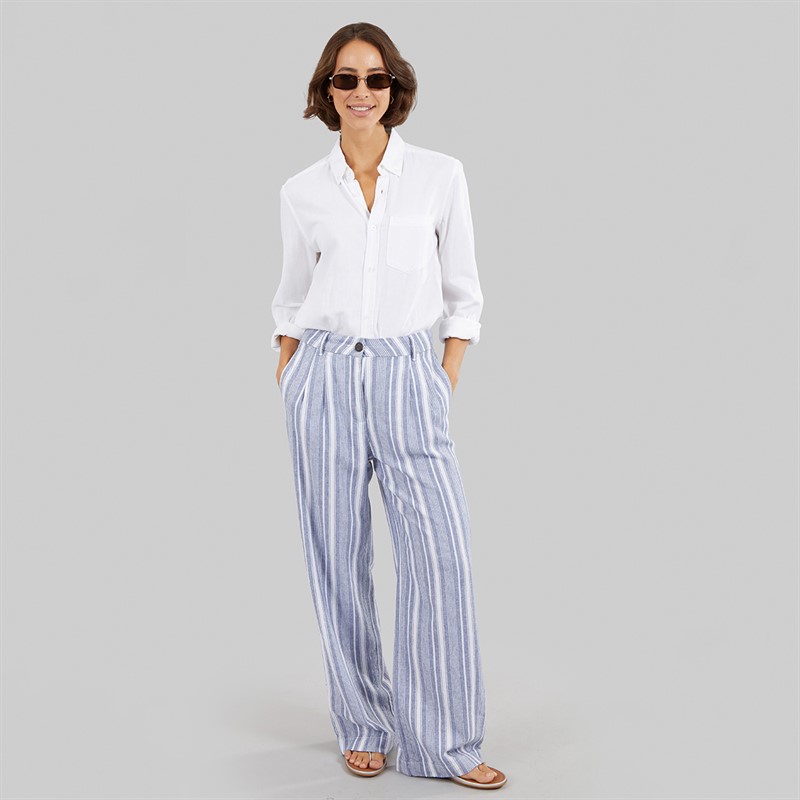 Crew Clothing Womens Wide Leg Linen Trousers Blue Indigo Stripe