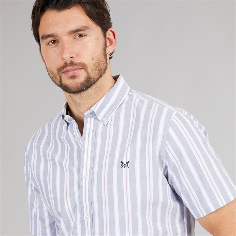 Crew Clothing Mens Short Sleeve Oxford Stripe Shirt Blue Indigo/Blue Bell/Purple Potion Blue Indigo / Blue Bell / Purple Potion