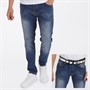 Crosshatch Herre Blå Straight Fit Jeans med Bælte Mid Vask