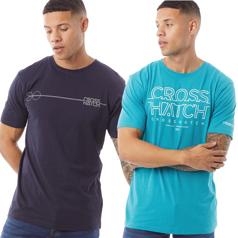 Crosshatch Mens Mooray Raised Ink Two Pack T-Shirts Teal/Navy