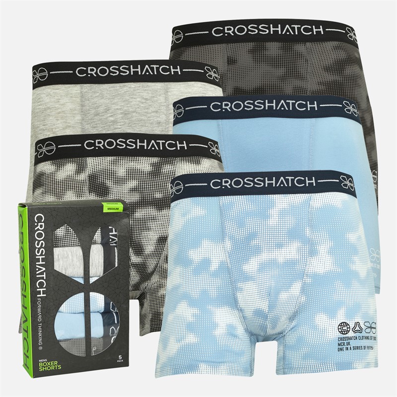 Crosshatch Mens Derous Five Pack Boxer Shorts Black/Light Grey/Blueberry/Granite