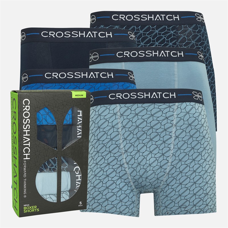 Crosshatch Mænd Logotilt Five Pack Boxer Shorts Blå Hav/Blåbær/Faded Denim