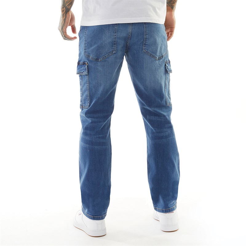 Crosshatch Mens Kremtap Tapered Cargo Jeans Stone Wash