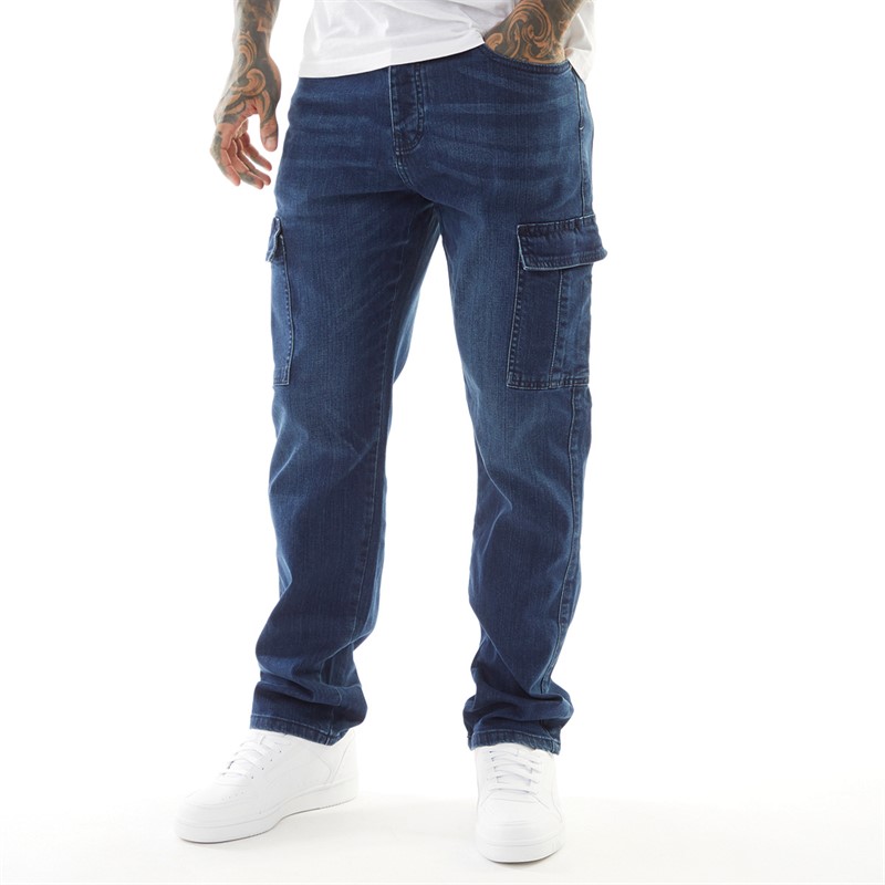 Crosshatch Herre Tapered Cargo Jeans Mørk Vask