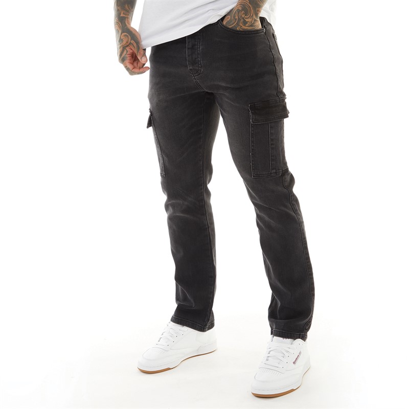 Crosshatch Herren Kremtap Tapered Cargo Jeans Schwarz gewaschen