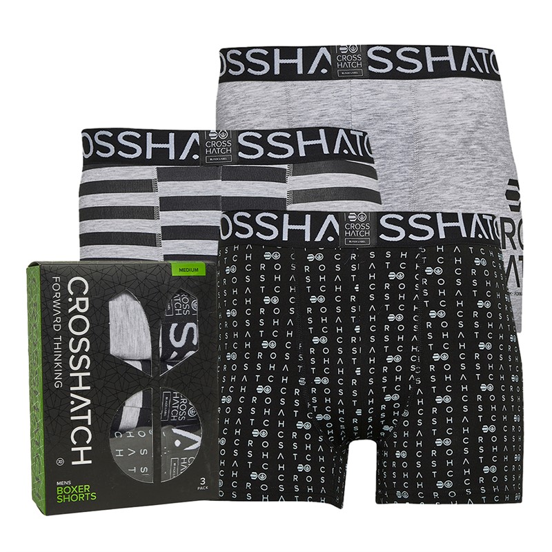 Crosshatch Heren Gridline Boxer Shorts Drie Pack Optic Grey Marl/Zwart