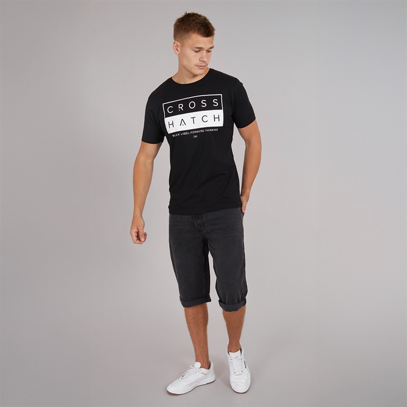 Crosshatch Herre Tillforth Baggy Denim Shorts Sort Vask