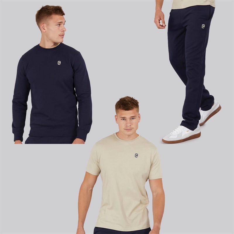 Crosshatch Mens Nebless Sweatshirt T-Shirt And Open Hem Joggers Set Navy/Stone