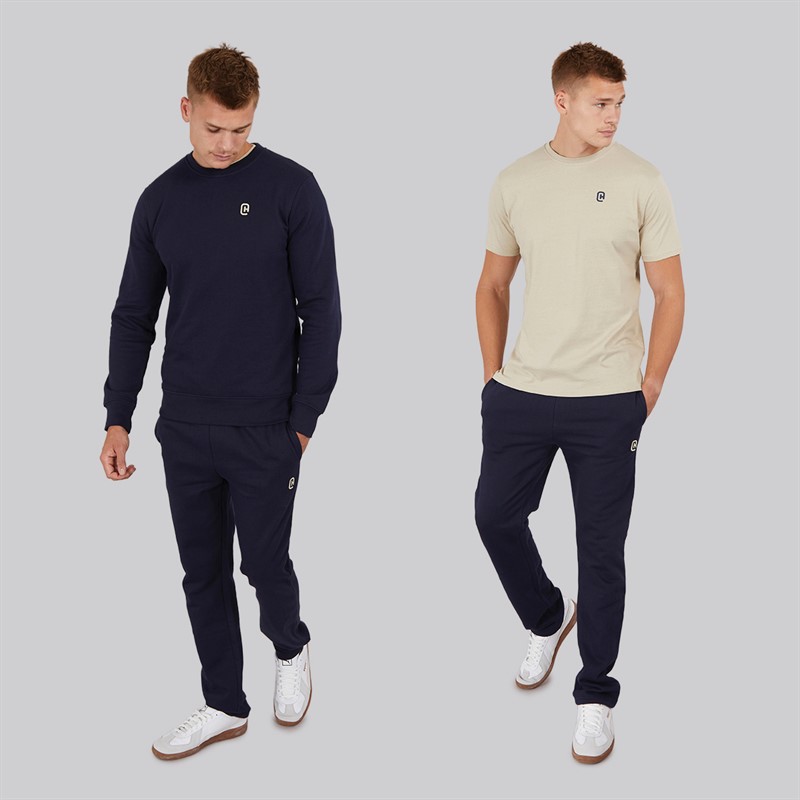 Crosshatch Mens Nebless Sweatshirt T-Shirt And Open Hem Joggers Set Navy/Stone