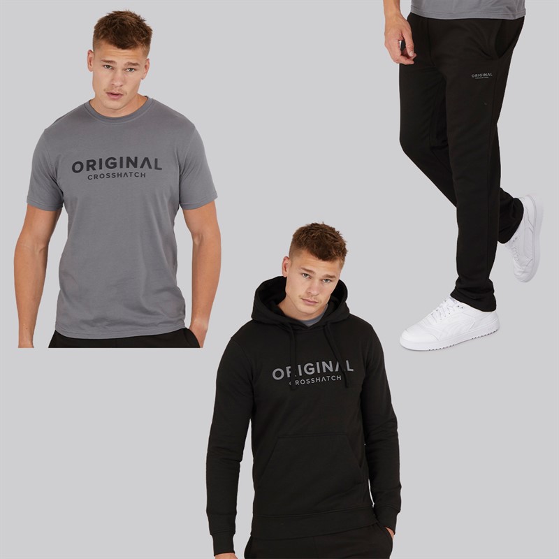 Crosshatch Herren Chemberry Hoodie T-Shirt und Jogginghose mit offenem Saum Set Schwarz / Anthrazit