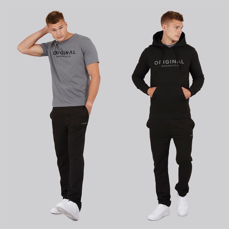 Crosshatch Herren Chemberry Hoodie T-Shirt und Jogginghose mit offenem Saum Set Schwarz / Anthrazit