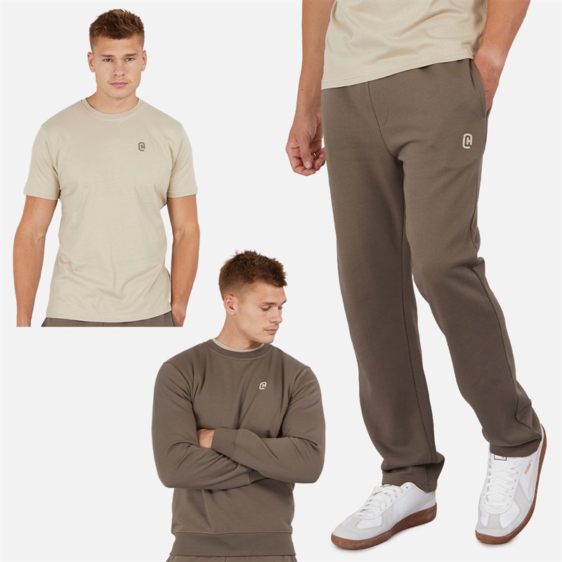 Crosshatch Mens Nebless Sweatshirt T-Shirt And Open Hem Joggers Set Mj Brown/Stone - Size XXL