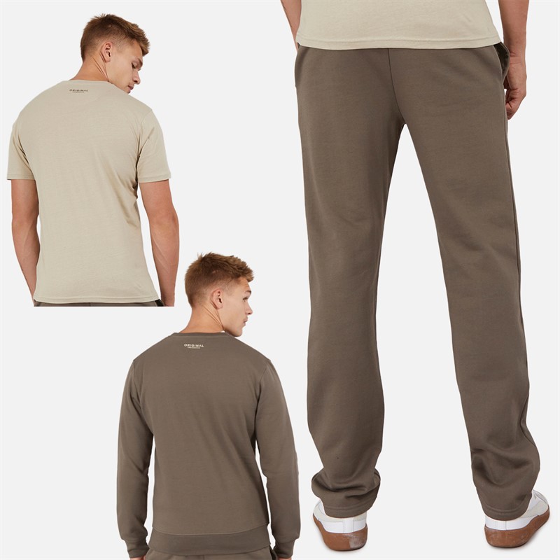 Crosshatch Mens Nebless Sweatshirt T-Shirt And Open Hem Joggers Set Mj Brown/Stone