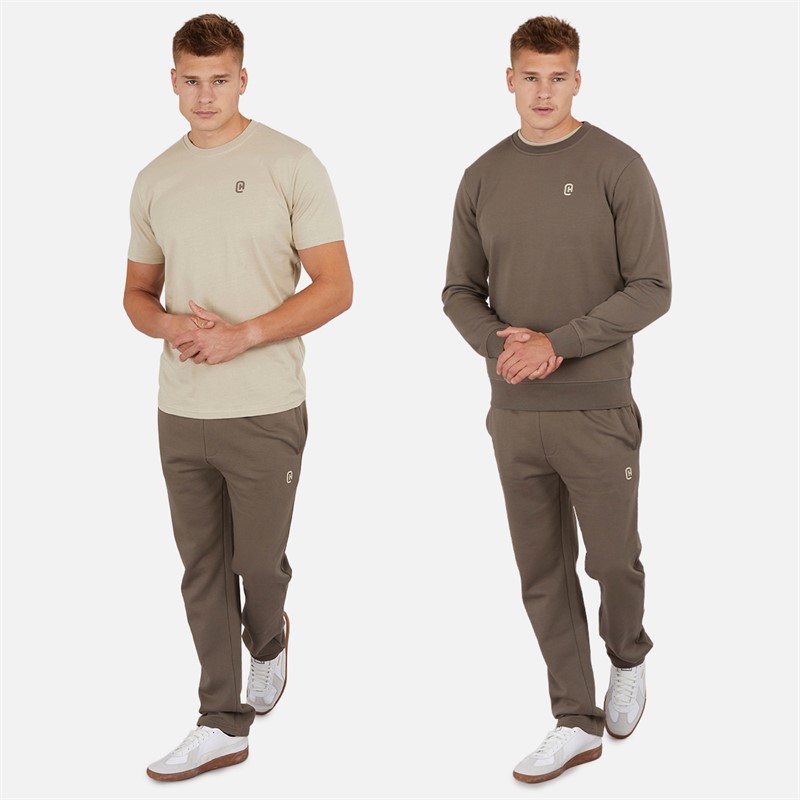 Crosshatch Mens Nebless Sweatshirt T-Shirt And Open Hem Joggers Set Mj Brown/Stone