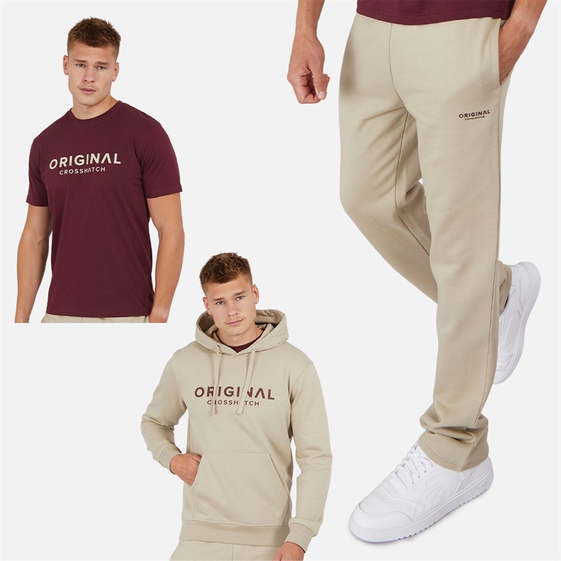 Crosshatch Ensemble Homme T-Shirt à Capuche Chemberry et Pantalon de Jogging à Ourlet Ouvert Pierre/Bordeaux - Taille S