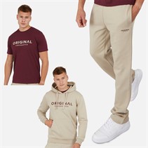 Crosshatch Mens Chemberry Hoodie T-Shirt And Open Hem Joggers Set Stone/Burgundy