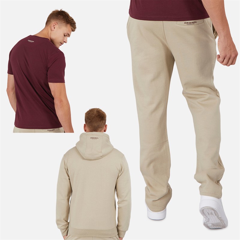 Crosshatch Ensemble Homme T-Shirt à Capuche Chemberry et Pantalon de Jogging à Ourlet Ouvert Pierre/Bordeaux