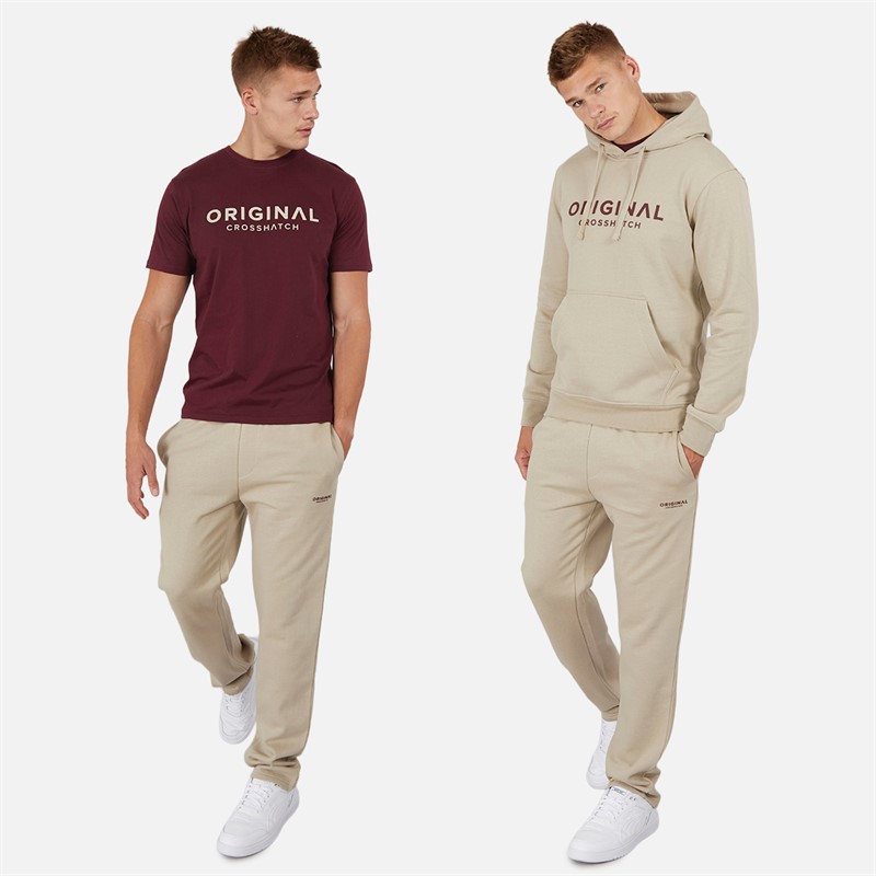 Crosshatch Ensemble Homme T-Shirt à Capuche Chemberry et Pantalon de Jogging à Ourlet Ouvert Pierre/Bordeaux