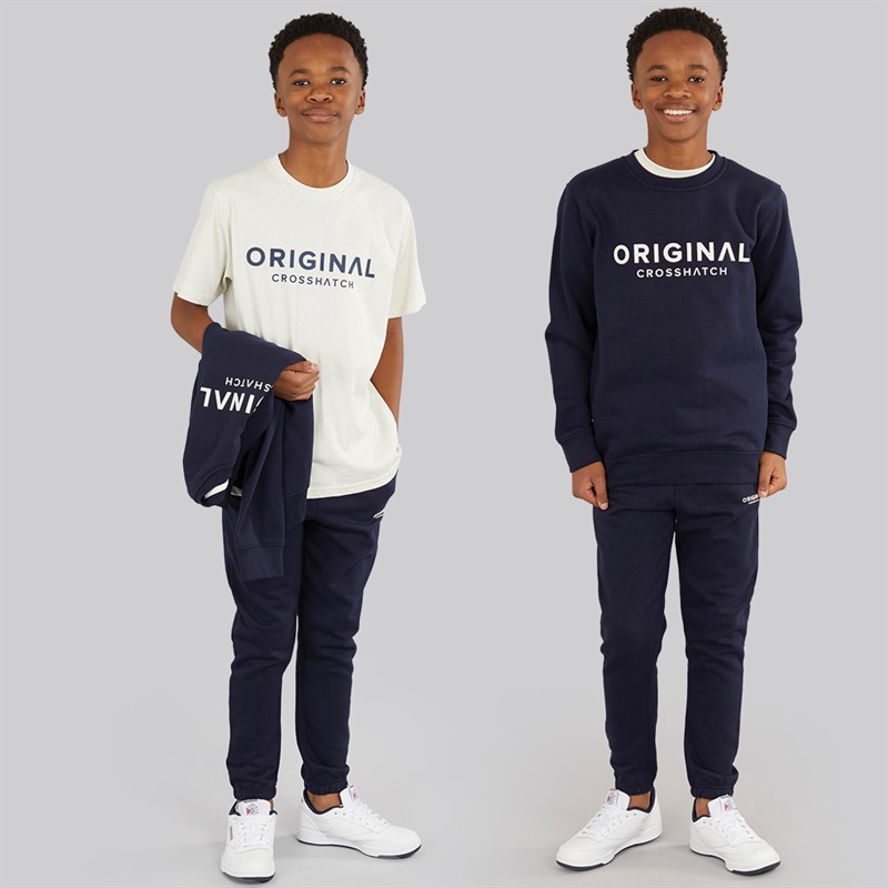 Crosshatch Junge Vier Teile Hoodie Sweatshirt T Shirt und Jogginghose Set Marineblau/Creme