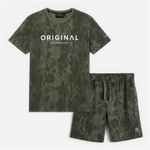 Crosshatch Mens Bardon Camo T-Shirt And Shorts Two Piece Set Olive