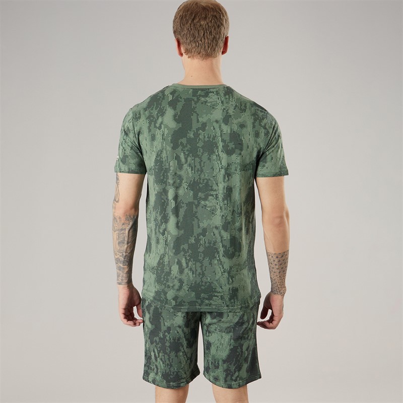 Crosshatch Mens Bardon Camo T-Shirt And Shorts Two Piece Set Olive