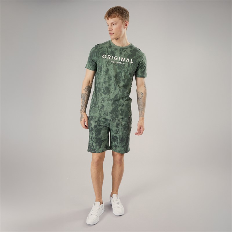 Crosshatch Mens Bardon Camo T-Shirt And Shorts Two Piece Set Olive