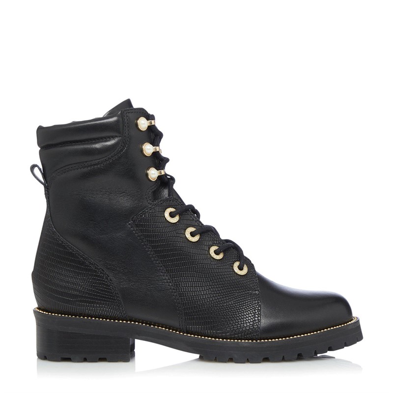 Dune Womens Pompom Lace Up Ankle Boots Black/Black Leather