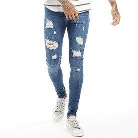 Dfnd London Heren Rip Repair Skinny Jeans Gewassen Blauw dfnd london kopen in de aanbieding