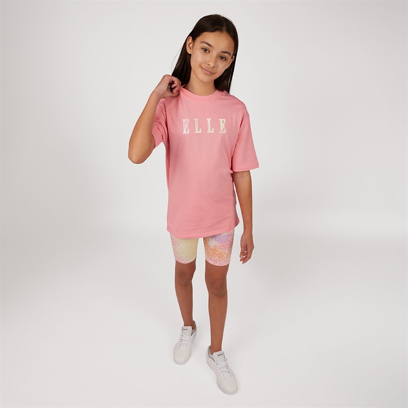Elle Junior Girls Loose Fit T-Shirt And Cycling Shorts Set Plumeria