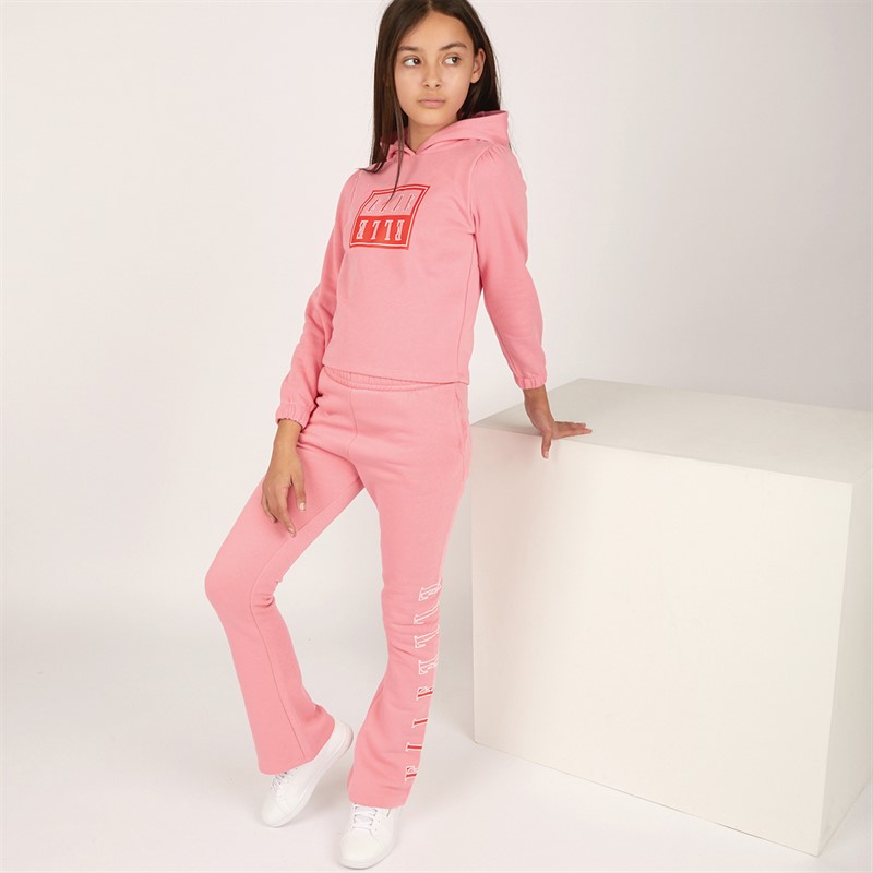 Elle Junior Girls Block Logo Hoodie And Flare Joggers Tracksuit Plumeria