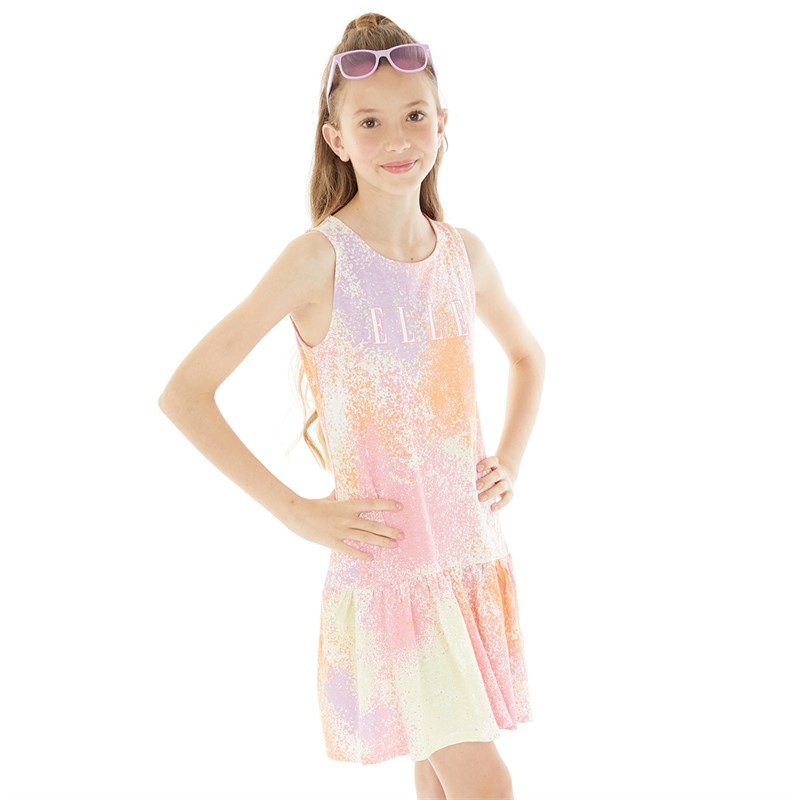 Elle Junior Girls Paint Sleeveless Ruffled Hem Dress Plumeria