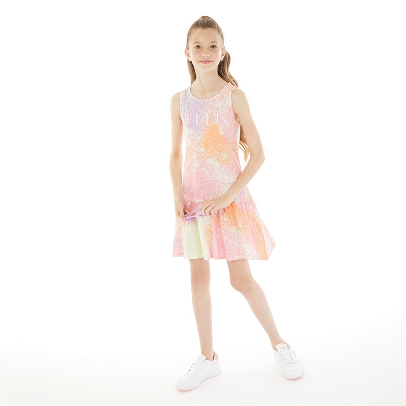 Elle Junior Girls Paint Sleeveless Ruffled Hem Dress Plumeria