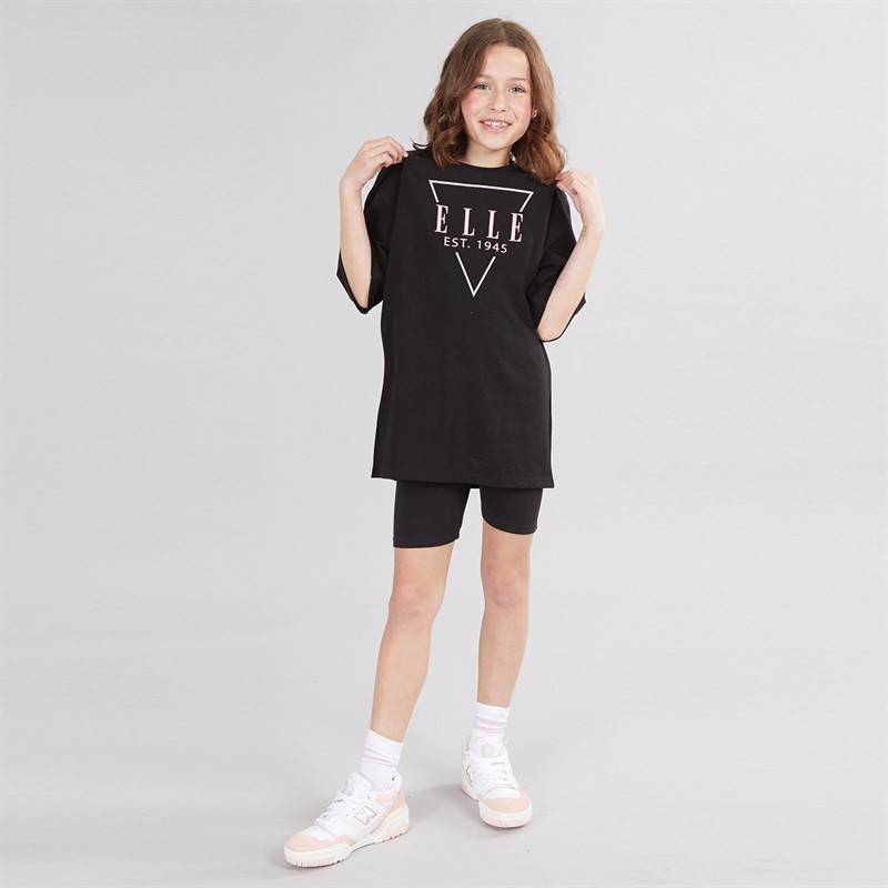 Elle Girls Triangle Logo Oversize T-Shirt And Cycling Shorts Set Black